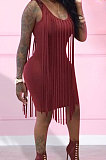 Sexy Nigh Club Cotton Blend Sleeveless Tassel Bodycon Solid Color Tank Hip Dress LM88832