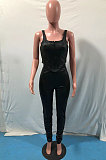 Hot Sales Nigh Club Fuax Leather Tank Ruffle Skinny Pants Plain For Party Fashion Sets OMY80088 