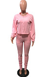 Simple New Women Long Sleeve V Neck Tops Ruffle Slit Pants Solid Color Casual Sets OMY80086