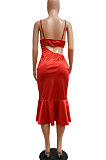 Euramerican Women Solid Color Flounce Swing Dew Waist Backless Midi Dress MY10052
