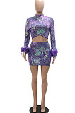 Women Fashion Sexy Sequins Hollow Out Feather Mini Dress CCY9515