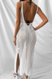 Women Sandbeach Casual Pure Color Knit Sleeveless Split Long Dress CYDZ3257