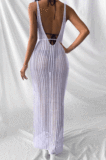 Women Sandbeach Casual Pure Color Knit Sleeveless Split Long Dress CYDZ3257