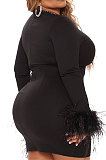 Women Trendy Sexy Feather Perspectivity Hip Skinny Plus Mini Dress CCY1856