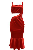 Euramerican Women Solid Color Flounce Swing Dew Waist Backless Midi Dress MY10052