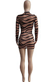 Women Spring Summer Mesh Spaghetti Printing Stripe Sexy Perspectivity Long Sleeve Mini Dress Q8028