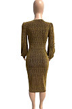 Euramerican Women Long Sleeve V Collar Gold Stamp Bodycon Hip Sexy Midi Dress Q8029