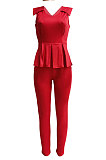 Women Sleeveless Spring Summer V Collar Flounce Solid Color Bodycon Jumpsuits Q8017