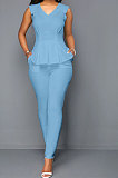 Women Sleeveless Spring Summer V Collar Flounce Solid Color Bodycon Jumpsuits Q8017