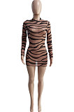 Women Spring Summer Mesh Spaghetti Printing Stripe Sexy Perspectivity Long Sleeve Mini Dress Q8028