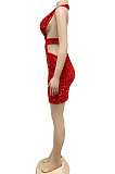 Euramerican Women Sequins Trendy Pure Color Halter Neck Hollow Out Collect Waist Mini Dress XZ5609