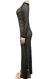Euramerican Fashion Club Bling Bling Mesh Spaghetti Women Perspectivity Long Sleeve Split Long Dress XZ5595