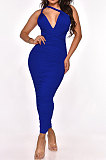 Women V Collar Hip Pure Color Bandage Sexy Backless Ruffle Long Dress MY10056