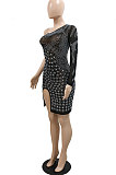 Euramerican Sexy One Shoulder Perspectivity Fashion Bling Bling Split Mini Dress CCY9597