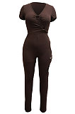 Euramerican Women Solid Color Short Sleeve V Collar Hollow Out Irregular Pants Sets MY10064