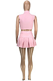 Wholesale Cute Women Sleeveless Ruffle Dew Wasit Tank Mini Skirts Solid Color Sets SM9229