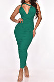 Women V Collar Hip Pure Color Bandage Sexy Backless Ruffle Long Dress MY10056