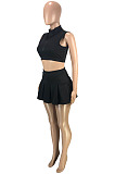 Wholesale Cute Women Sleeveless Ruffle Dew Wasit Tank Mini Skirts Solid Color Sets SM9229
