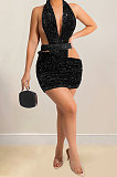 Euramerican Women Sequins Trendy Pure Color Halter Neck Hollow Out Collect Waist Mini Dress XZ5609