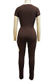 Euramerican Women Solid Color Short Sleeve V Collar Hollow Out Irregular Pants Sets MY10064