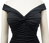 Women Spring Summer V Collar A Word Shoulder Solid Color Hip Split Ruffle Long Dress MY10062