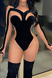 Women Wholesale Sexy Velvet Mesh Patchwork Long Sleeve Perspective Bodycon Jumpsuits  BN9319
