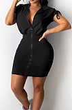 New Summer Women's Bandage Fron Zipper Bodycon Solid Color Casual Hooded Dress E8660