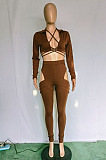 Sexy Night Club Long Sleeve Bandage Tops Bottoms Ruffle Hollow Out Skinny Pants Solid Color Sets BN9317