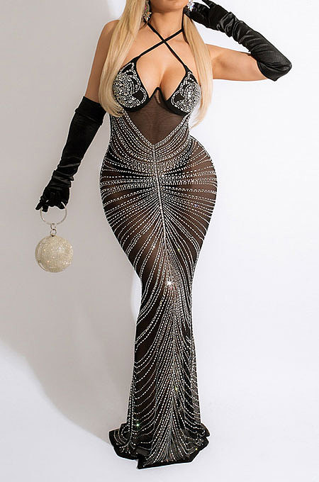 Euramerican Women Fashion Condole Belt Mesh Spaghetti Hot Drilling Skinny Long Dress No Underwear CCY9610