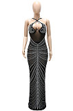 Euramerican Women Fashion Condole Belt Mesh Spaghetti Hot Drilling Skinny Long Dress No Underwear CCY9610