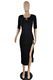 Women's New Sexy Pure Color Short Sleeve Lowcut Off Shoulder Slim Fitting Slit Dress E8661