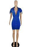 New Summer Women's Bandage Fron Zipper Bodycon Solid Color Casual Hooded Dress E8660