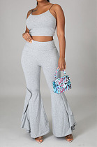 Fashion Wholesale Women Condole Belt Tank High Waist Flouned Flare Pants Plain Party Sets E8662