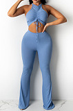 Top Sellers Women Sexy Ribber Sleeveless Drawstring Crop Tank Tops Wide Leg Pants Slim Fitting Plain Sets E8663
