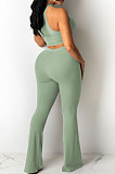 Top Sellers Women Sexy Ribber Sleeveless Drawstring Crop Tank Tops Wide Leg Pants Slim Fitting Plain Sets E8663