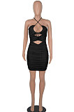 Euramerican Women Fashion Sexy Halter Neck Hollow Out Solid Color Backless Bandage Mini Dress WMZ2705