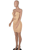 Euramerican Women Fashion Sexy Halter Neck Hollow Out Solid Color Backless Bandage Mini Dress WMZ2705