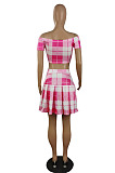 Wholesale Cute Women Plaid Printed Off Shoulder Short Sleeve Crop Tops Mini Skirts Fashion Sets E8664