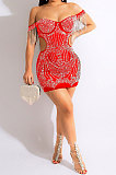 Fashion Sexy A Word Shoulder Side Hollow Out Hot Drilling Tassel Bodycon Mini Dress CCY9629