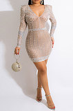 Fashion Sexy V Collar Perspectivity Hip Bling Bling Mid Waist Pullover Mini Dress No Underwear CCY9632