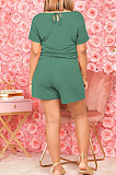 Casual Wholesale Women Short Sleeve Round Neck Shorts Solid Color Sport Fake Two Jumpsuits E8667