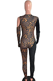Nigh Club Women New Leopard Print Patchwork Long Sleeve Hollow Out Bodycon Jumpsuits QZ3333