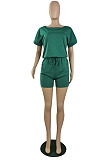Casual Wholesale Women Short Sleeve Round Neck Shorts Solid Color Sport Fake Two Jumpsuits E8667