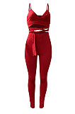 Euramerican Women Solid Color Sleeveless Bandage Tight Sport Pants Sets NK275