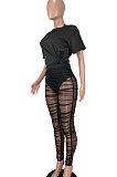 Euramerican Women Fashion Backless Mesh Spaghetti Solid Color Pants Sets AGY68546