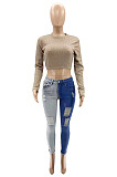 Fashion New Women Contrast Color Patchwork Hole Nine Cent Jeans SZS1008