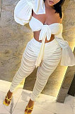 Euramerican Women Sexy Horn Sleeve A Word Shoulder Mesh Spaghetti Ruffle Long Pants Sets AGY68549