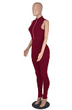 Euramerican Women Fashion Pure Color Sleeveless Collect Waist Bodycon Jumpsuits WMZ2710