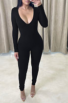 Euramerican Women Pure Color V Collar Ribber Bodycon Jumpsuits AD1310