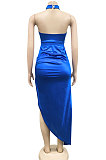 Euramerican Fashion Sexy Pure Color Women Irregular Split Backless Long Dress XZ5625